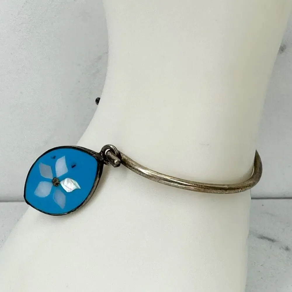 Vintage Mexico Blue MOP Flower Inlay Eye Pendant Silver Tone Child Bangle ✨